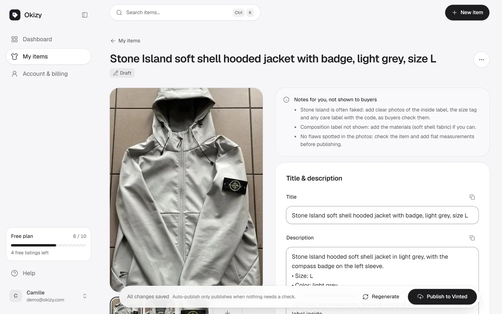 Okizy’s listing page for a Stone Island soft shell jacket: the photos on the left, and on the right the title, description and notes the AI wrote.